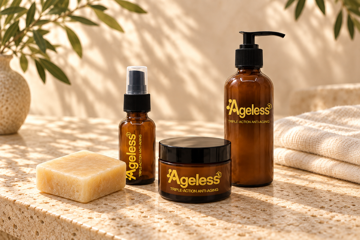 Ageless facial soap, serum, facial cream, and body lotion together on warm travertine