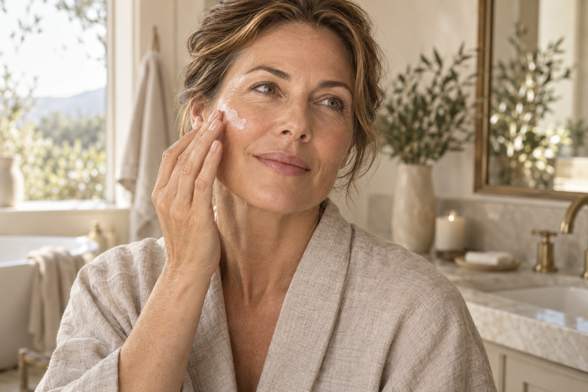 Woman gently applying facial cream during her skincare routine