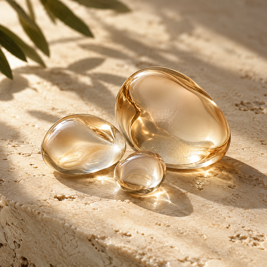 Conceptual Glutathione editorial: three translucent champagne forms on warm stone