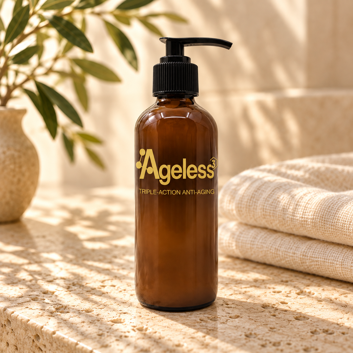Ageless³ Body Lotion on warm travertine with ivory linen and soft daylight