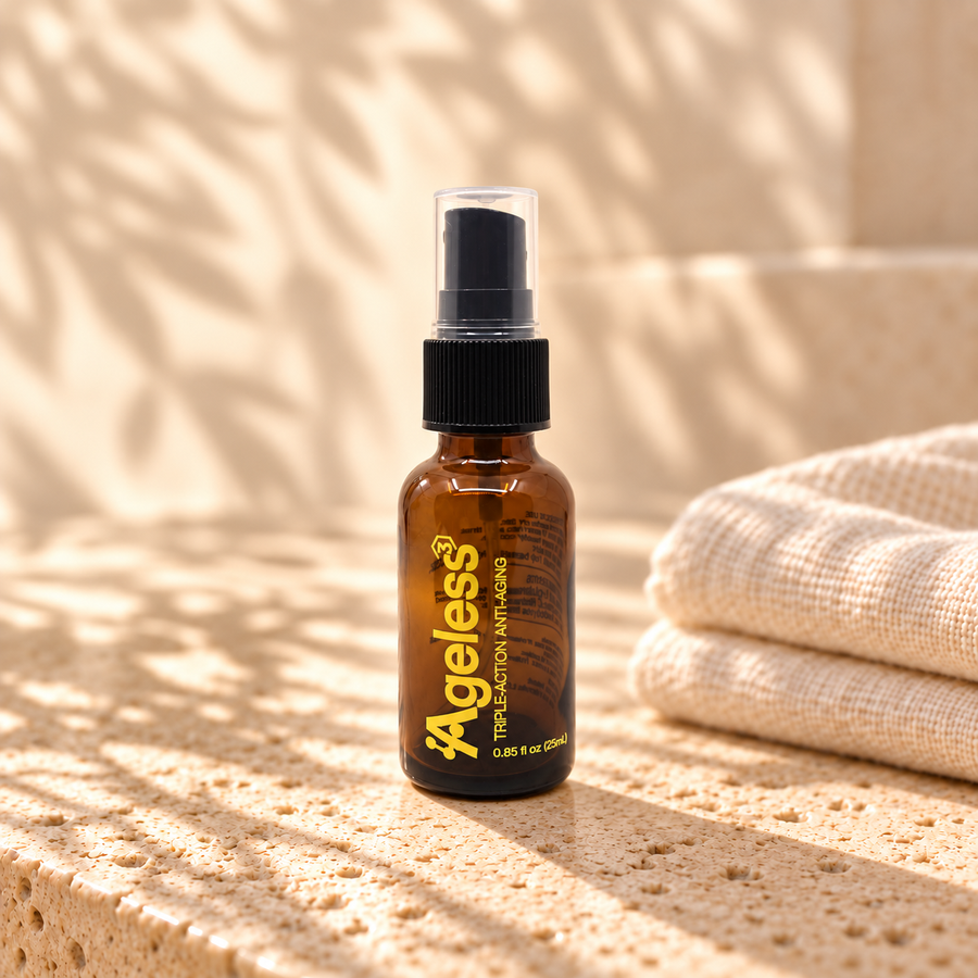 Ageless serum on warm ivory stone with soft morning light