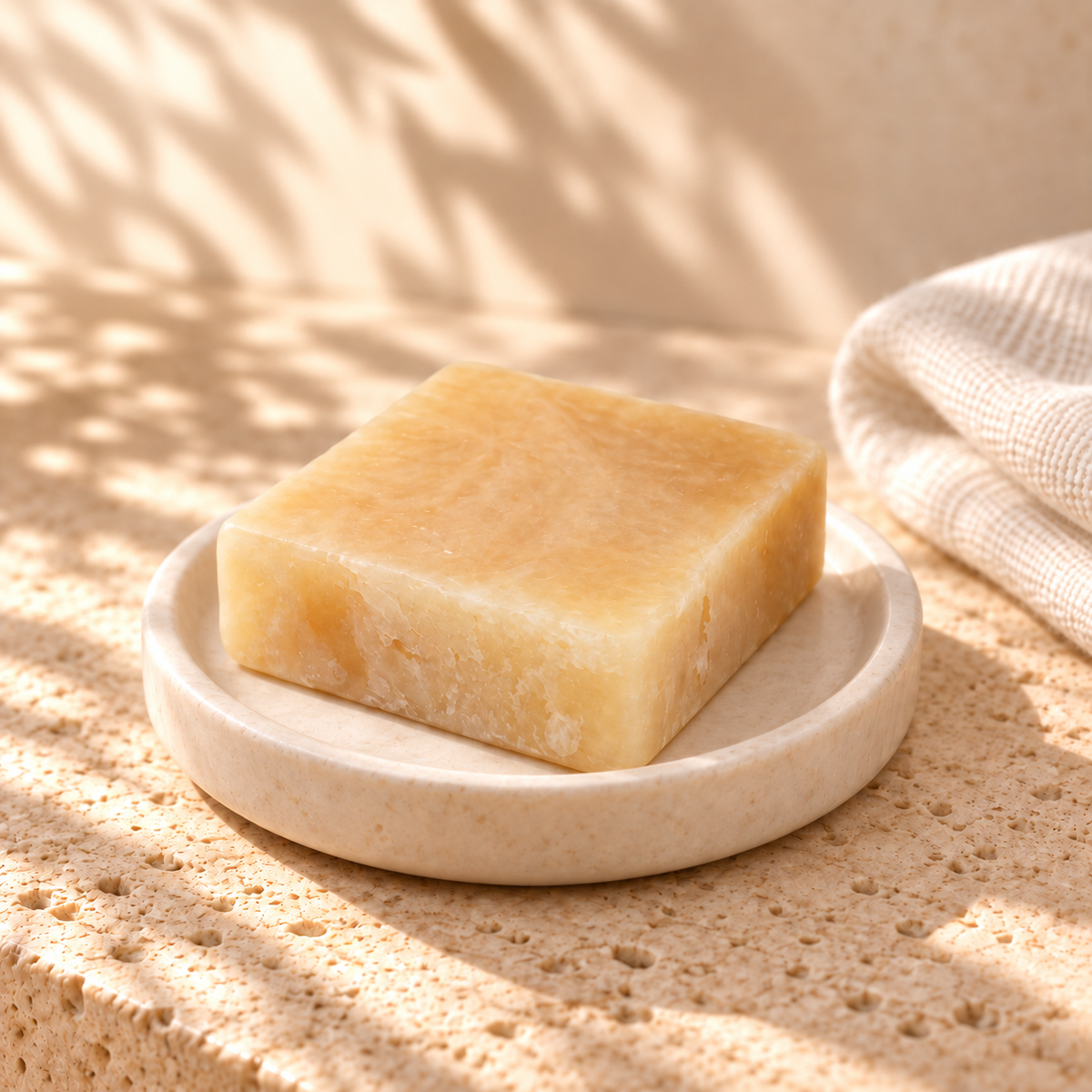 Ageless soap on warm ivory stone with soft morning light