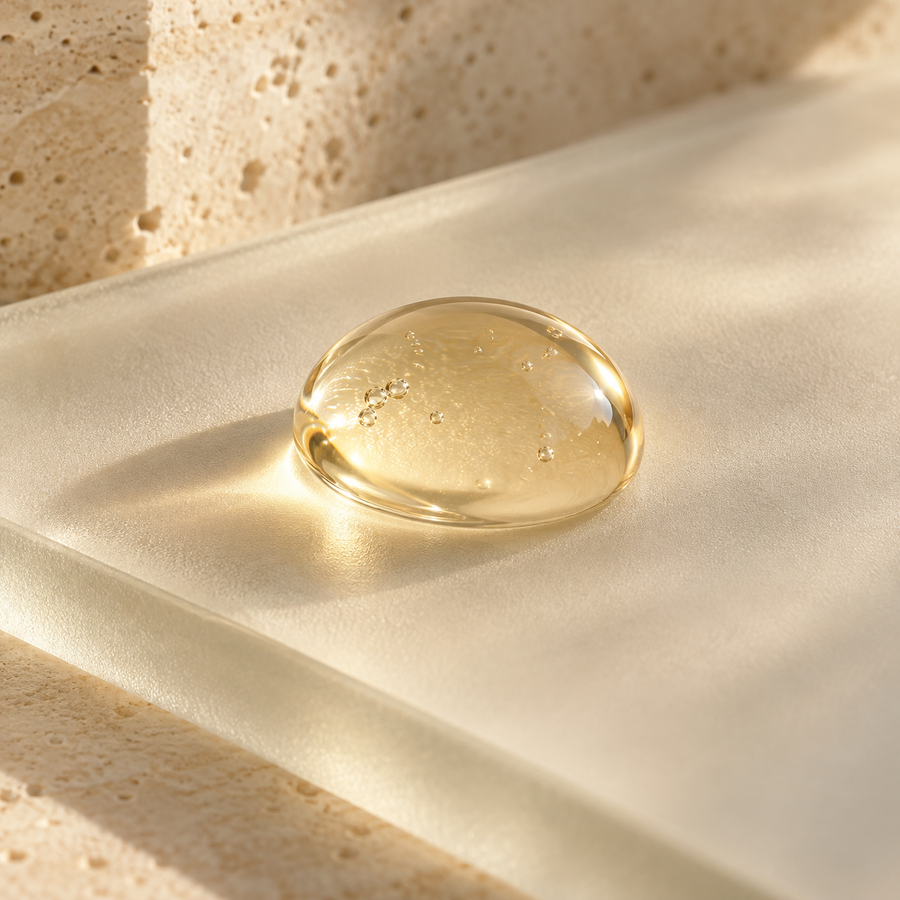 Conceptual Vitamin C editorial: a luminous champagne droplet on frosted glass