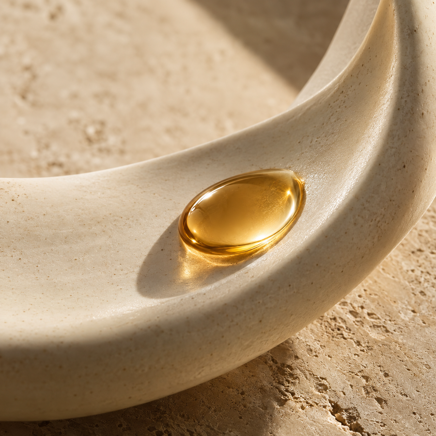 Conceptual Vitamin E editorial: a golden oil droplet on ivory ceramic